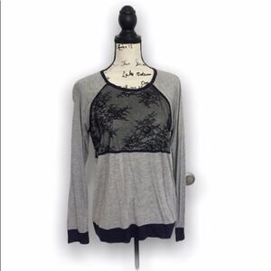 Tibi Gray Long Sleeve Top with Lace Overlay | Contrast Trim | Size XS